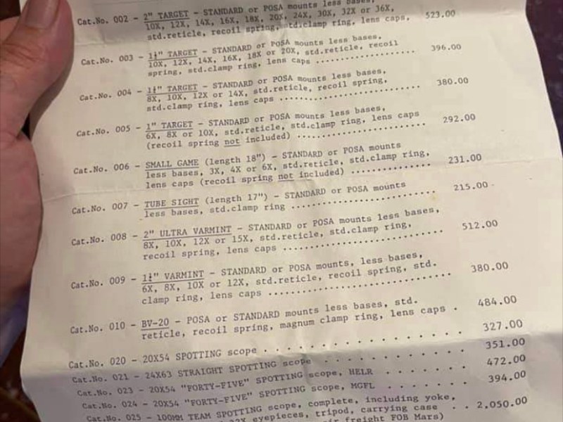 1993 Unertl Optics Price&nbsp;List